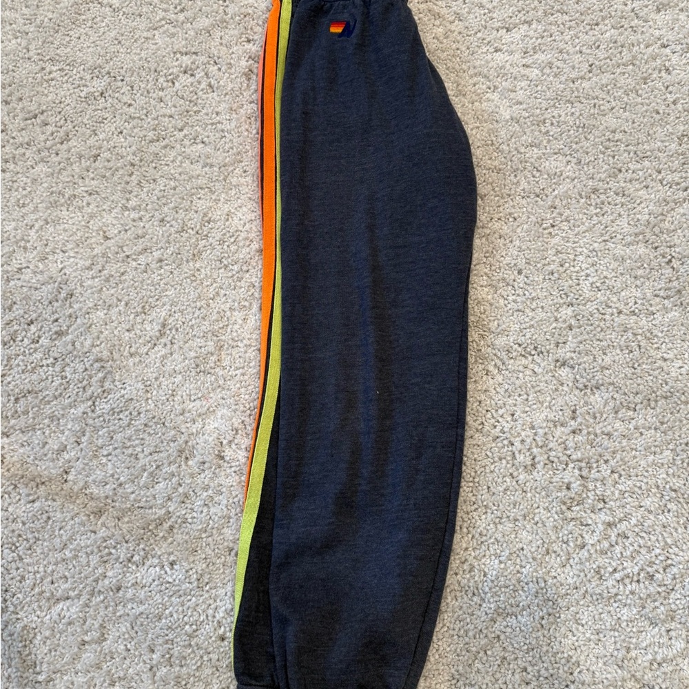 AVIATOR NATION 5 STRIPE SWEATPANTS HEATHER NAVY/NEON RAINBOW SMALL - Picture 12 of 13